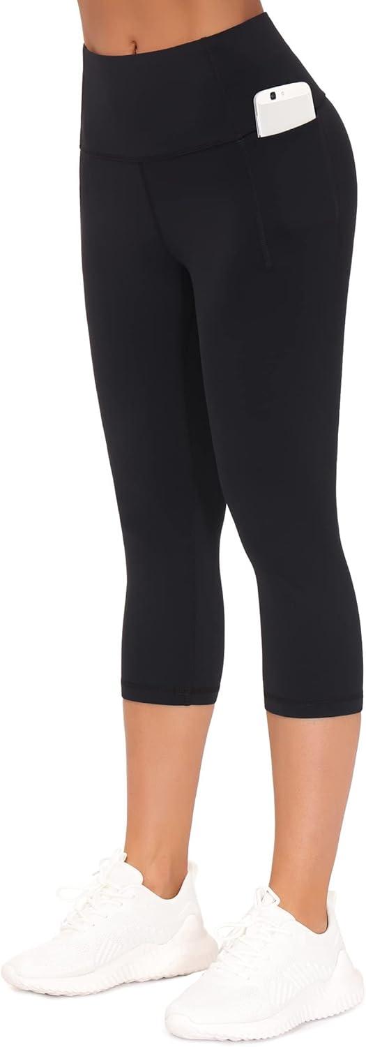 imageTHE GYM PEOPLE Tummy Control Workout Capris Leggings with Pockets High Waist Athletic Yoga Pants for Women Running HikingBlack