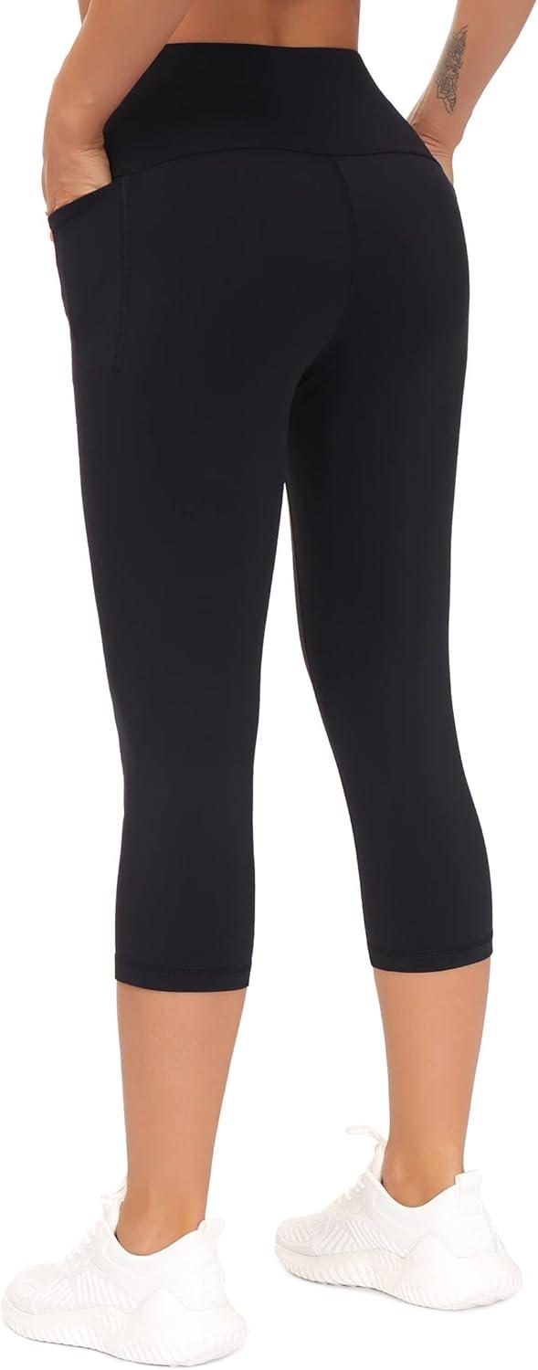 imageTHE GYM PEOPLE Tummy Control Workout Capris Leggings with Pockets High Waist Athletic Yoga Pants for Women Running HikingBlack