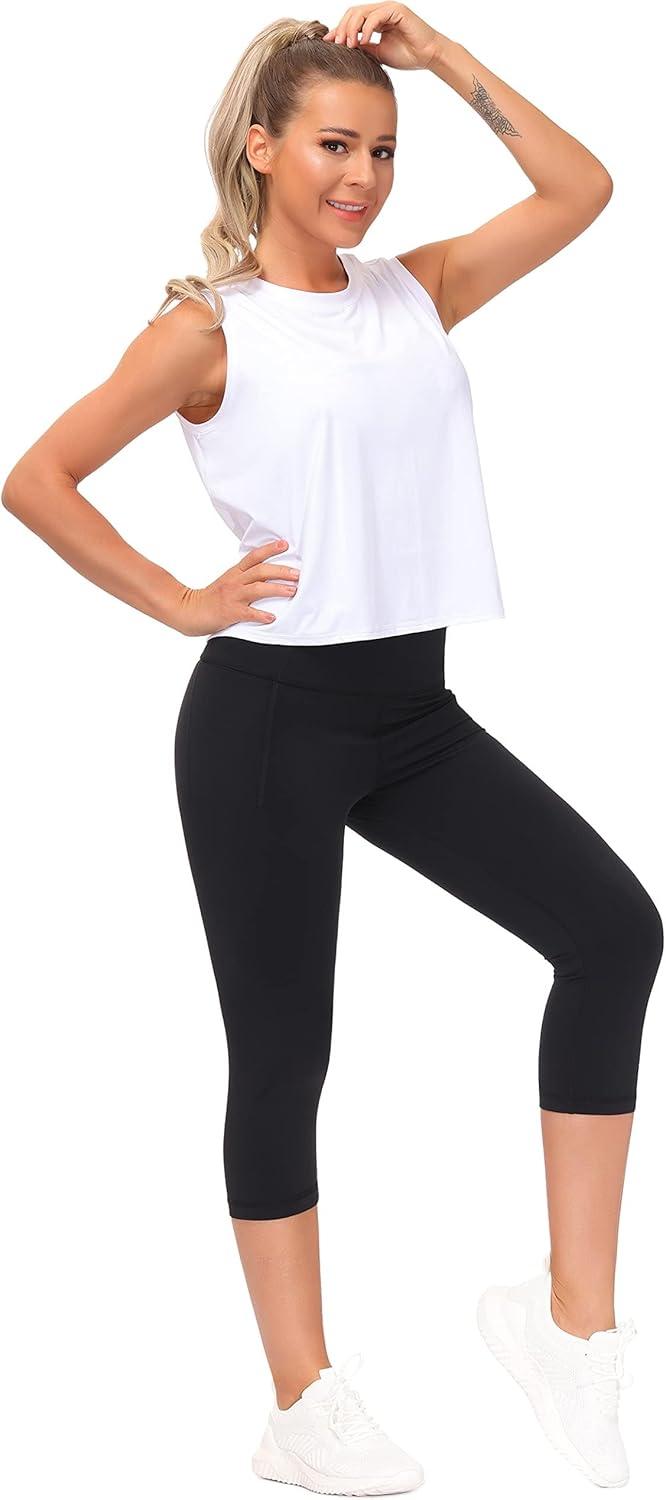 imageTHE GYM PEOPLE Tummy Control Workout Capris Leggings with Pockets High Waist Athletic Yoga Pants for Women Running HikingBlack