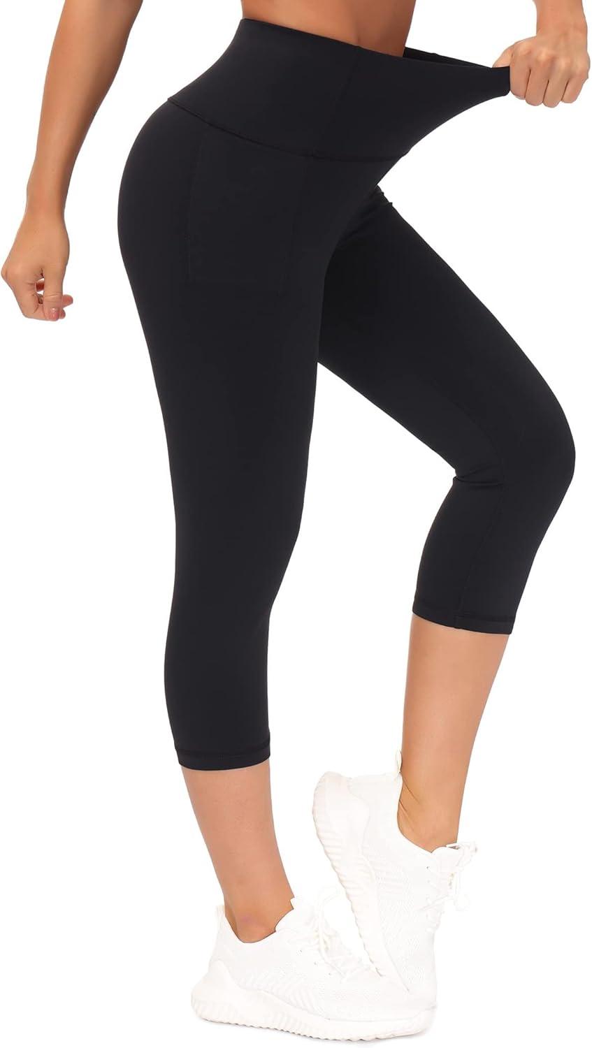 imageTHE GYM PEOPLE Tummy Control Workout Capris Leggings with Pockets High Waist Athletic Yoga Pants for Women Running HikingBlack