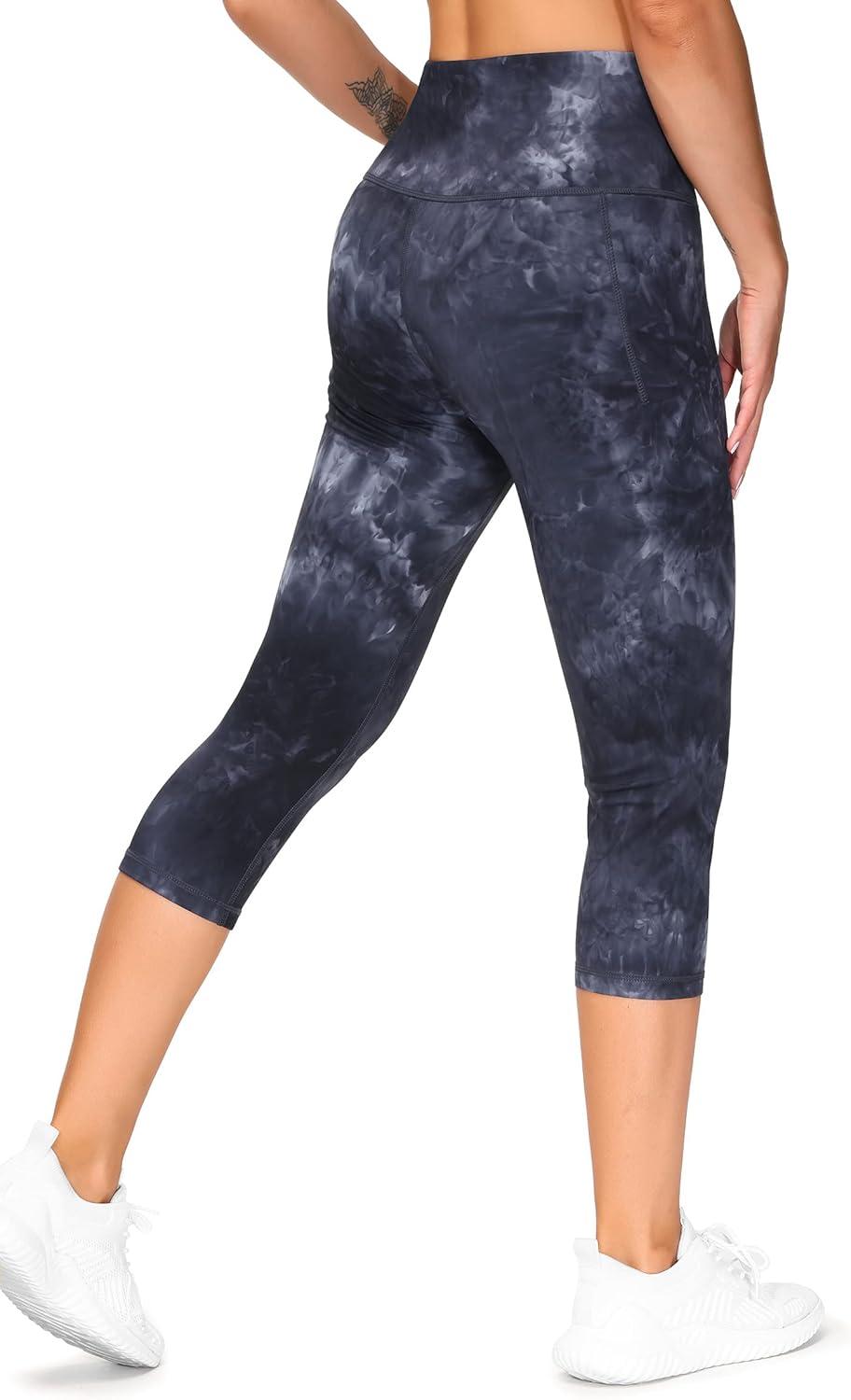 imageTHE GYM PEOPLE Tummy Control Workout Capris Leggings with Pockets High Waist Athletic Yoga Pants for Women Running HikingBlackDark GreyWhite