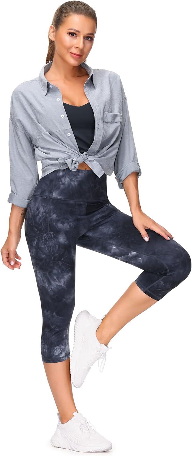 imageTHE GYM PEOPLE Tummy Control Workout Capris Leggings with Pockets High Waist Athletic Yoga Pants for Women Running HikingBlackDark GreyWhite