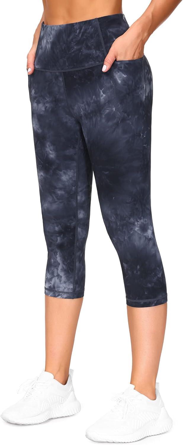 imageTHE GYM PEOPLE Tummy Control Workout Capris Leggings with Pockets High Waist Athletic Yoga Pants for Women Running HikingBlackDark GreyWhite