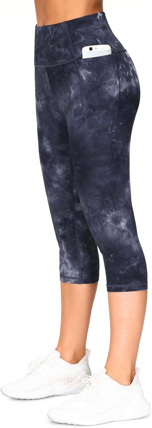 imageTHE GYM PEOPLE Tummy Control Workout Capris Leggings with Pockets High Waist Athletic Yoga Pants for Women Running HikingBlackDark GreyWhite