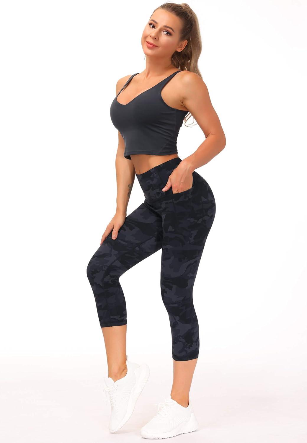 imageTHE GYM PEOPLE Tummy Control Workout Capris Leggings with Pockets High Waist Athletic Yoga Pants for Women Running HikingBlueDark GreyBlack