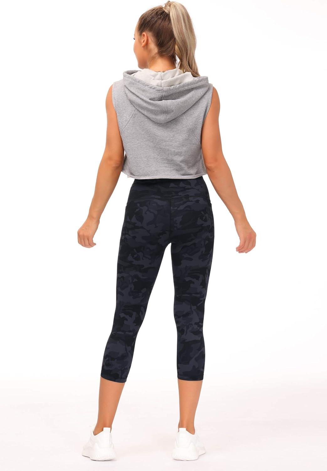 imageTHE GYM PEOPLE Tummy Control Workout Capris Leggings with Pockets High Waist Athletic Yoga Pants for Women Running HikingBlueDark GreyBlack