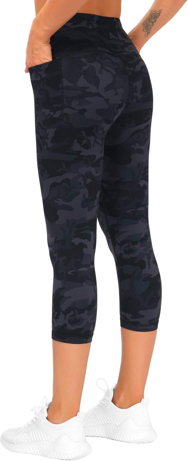 imageTHE GYM PEOPLE Tummy Control Workout Capris Leggings with Pockets High Waist Athletic Yoga Pants for Women Running HikingBlueDark GreyBlack