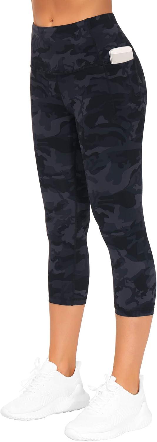 imageTHE GYM PEOPLE Tummy Control Workout Capris Leggings with Pockets High Waist Athletic Yoga Pants for Women Running HikingBlueDark GreyBlack