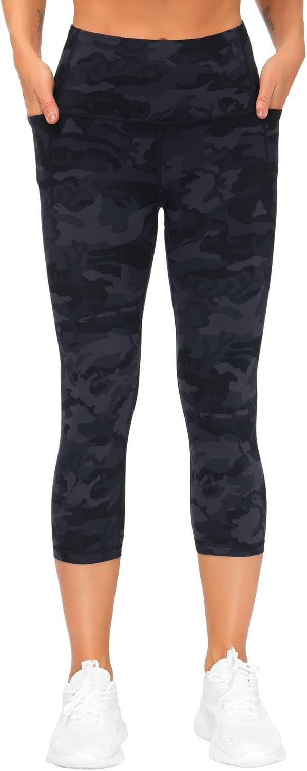imageTHE GYM PEOPLE Tummy Control Workout Capris Leggings with Pockets High Waist Athletic Yoga Pants for Women Running HikingBlueDark GreyBlack