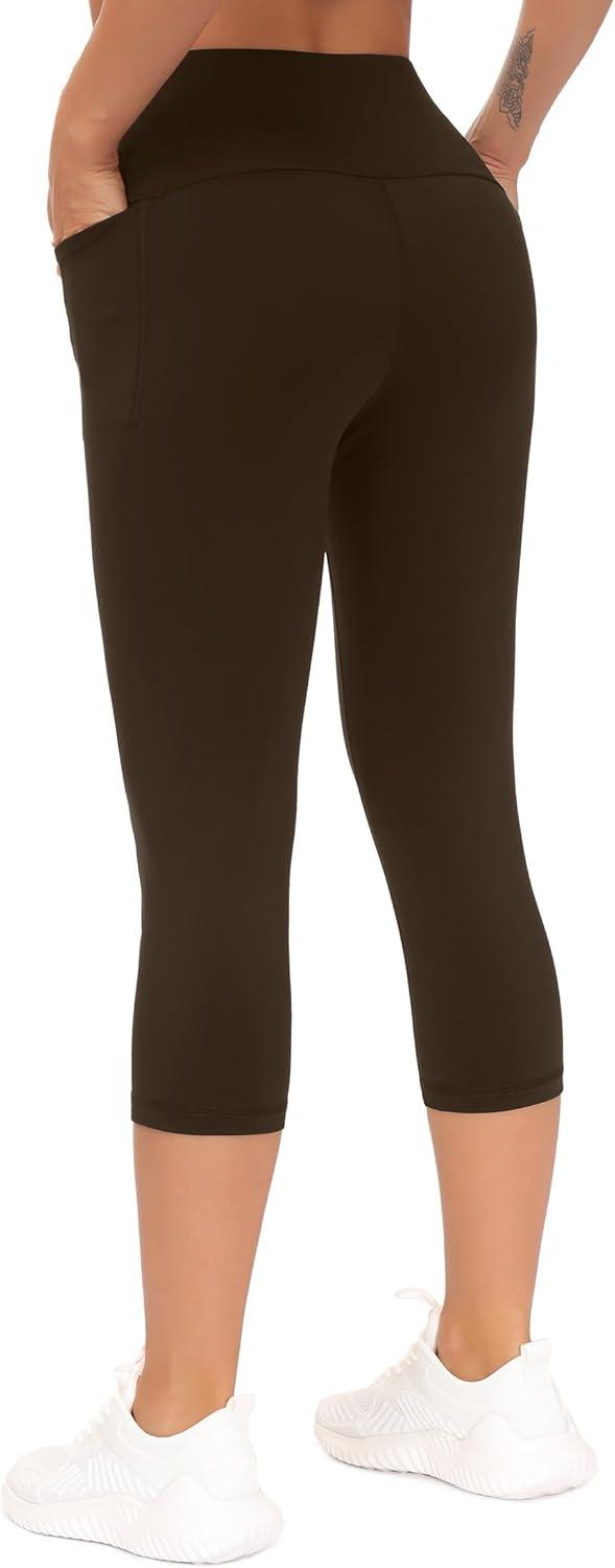 imageTHE GYM PEOPLE Tummy Control Workout Capris Leggings with Pockets High Waist Athletic Yoga Pants for Women Running HikingBrown