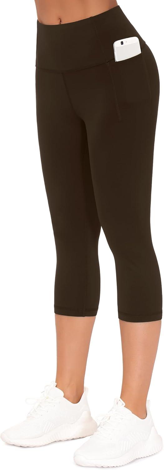 imageTHE GYM PEOPLE Tummy Control Workout Capris Leggings with Pockets High Waist Athletic Yoga Pants for Women Running HikingBrown