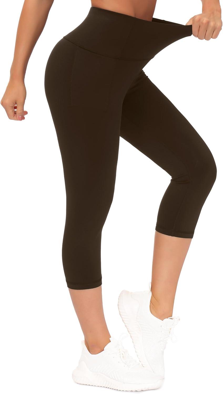 imageTHE GYM PEOPLE Tummy Control Workout Capris Leggings with Pockets High Waist Athletic Yoga Pants for Women Running HikingBrown