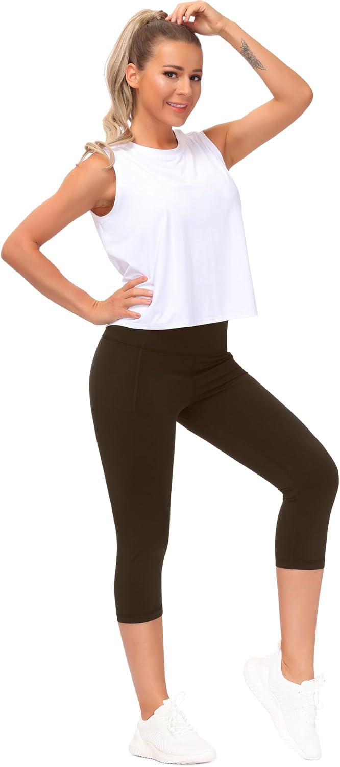 imageTHE GYM PEOPLE Tummy Control Workout Capris Leggings with Pockets High Waist Athletic Yoga Pants for Women Running HikingBrown