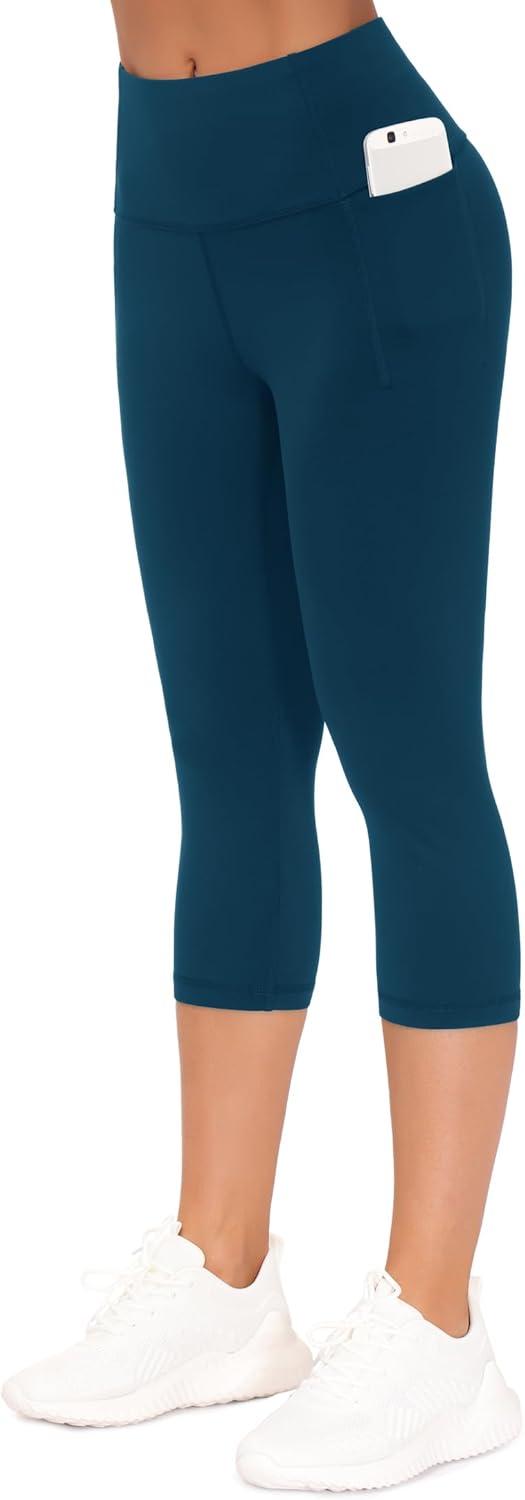 imageTHE GYM PEOPLE Tummy Control Workout Capris Leggings with Pockets High Waist Athletic Yoga Pants for Women Running HikingDark Blue Green