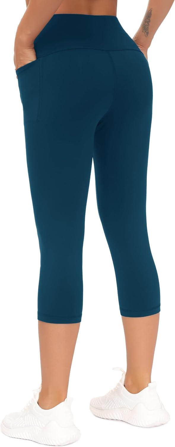 imageTHE GYM PEOPLE Tummy Control Workout Capris Leggings with Pockets High Waist Athletic Yoga Pants for Women Running HikingDark Blue Green