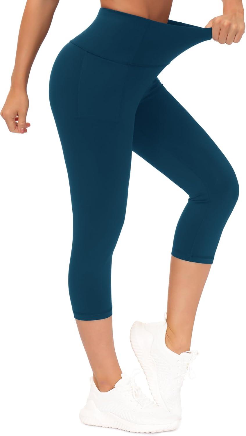 imageTHE GYM PEOPLE Tummy Control Workout Capris Leggings with Pockets High Waist Athletic Yoga Pants for Women Running HikingDark Blue Green