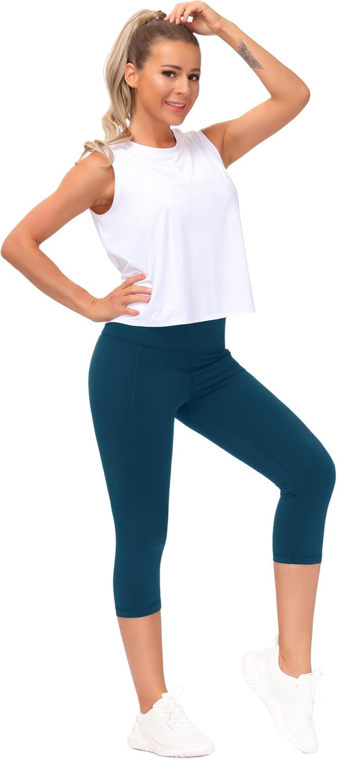 imageTHE GYM PEOPLE Tummy Control Workout Capris Leggings with Pockets High Waist Athletic Yoga Pants for Women Running HikingDark Blue Green