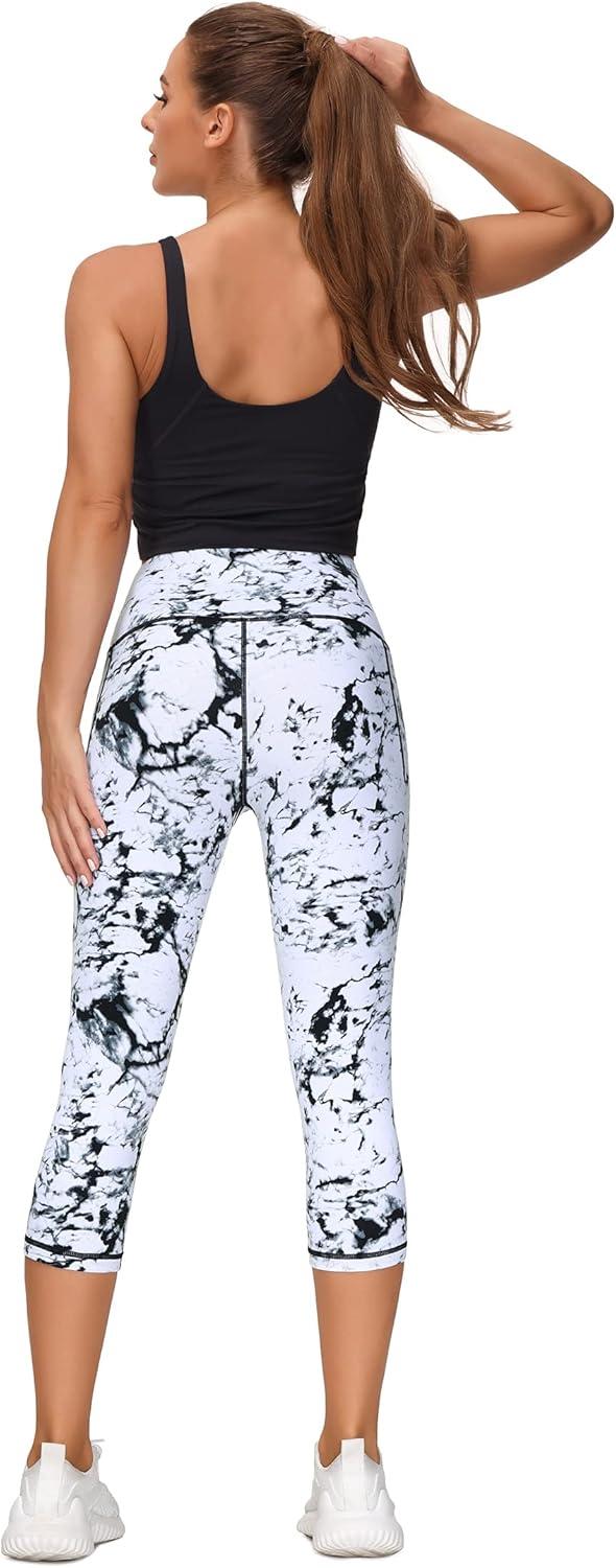 imageTHE GYM PEOPLE Tummy Control Workout Capris Leggings with Pockets High Waist Athletic Yoga Pants for Women Running HikingMarble