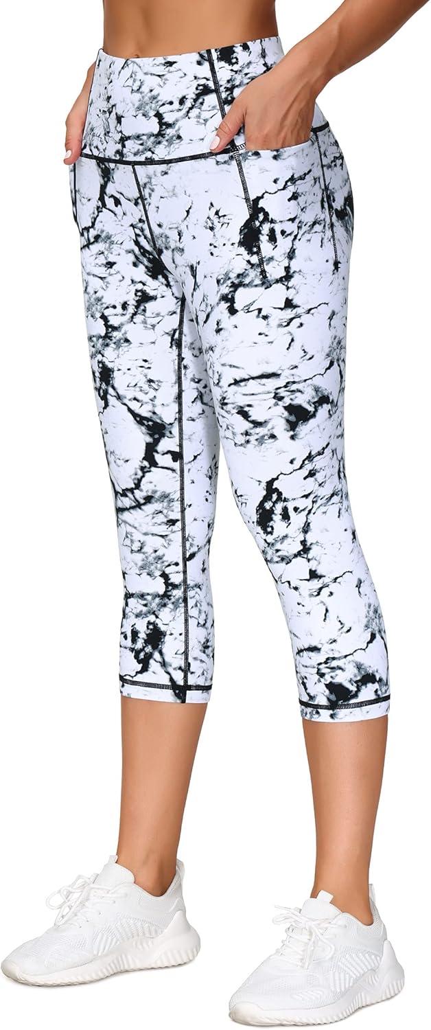 imageTHE GYM PEOPLE Tummy Control Workout Capris Leggings with Pockets High Waist Athletic Yoga Pants for Women Running HikingMarble