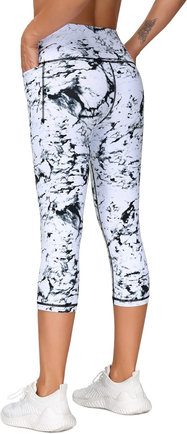 imageTHE GYM PEOPLE Tummy Control Workout Capris Leggings with Pockets High Waist Athletic Yoga Pants for Women Running HikingMarble