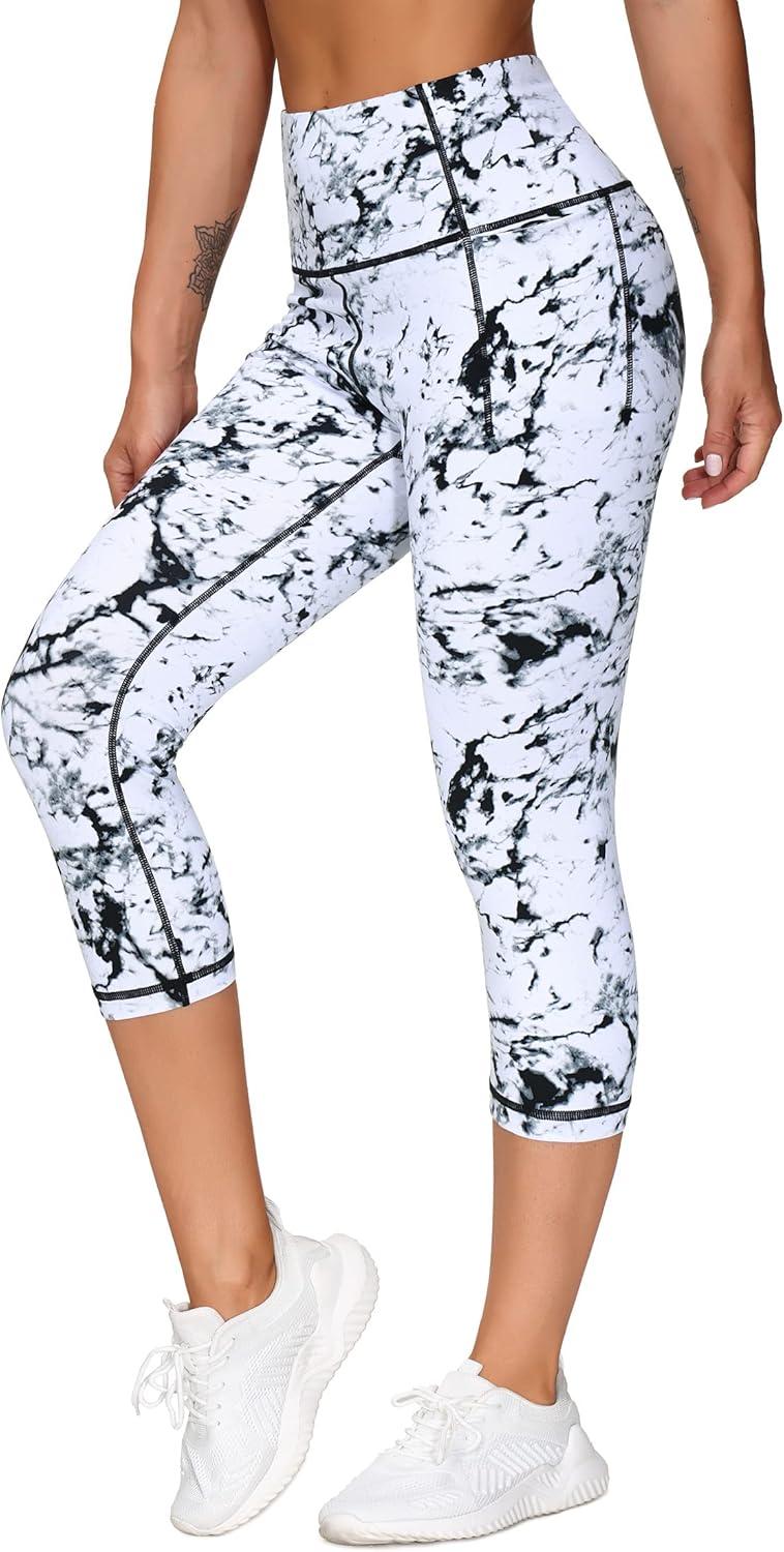 imageTHE GYM PEOPLE Tummy Control Workout Capris Leggings with Pockets High Waist Athletic Yoga Pants for Women Running HikingMarble