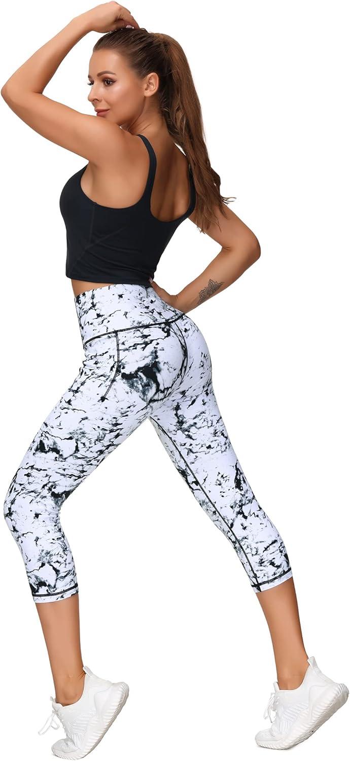 imageTHE GYM PEOPLE Tummy Control Workout Capris Leggings with Pockets High Waist Athletic Yoga Pants for Women Running HikingMarble