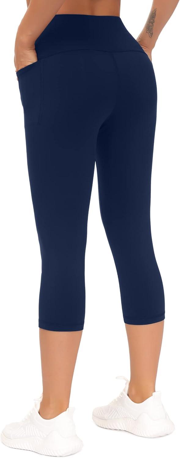 imageTHE GYM PEOPLE Tummy Control Workout Capris Leggings with Pockets High Waist Athletic Yoga Pants for Women Running HikingNavy Blue