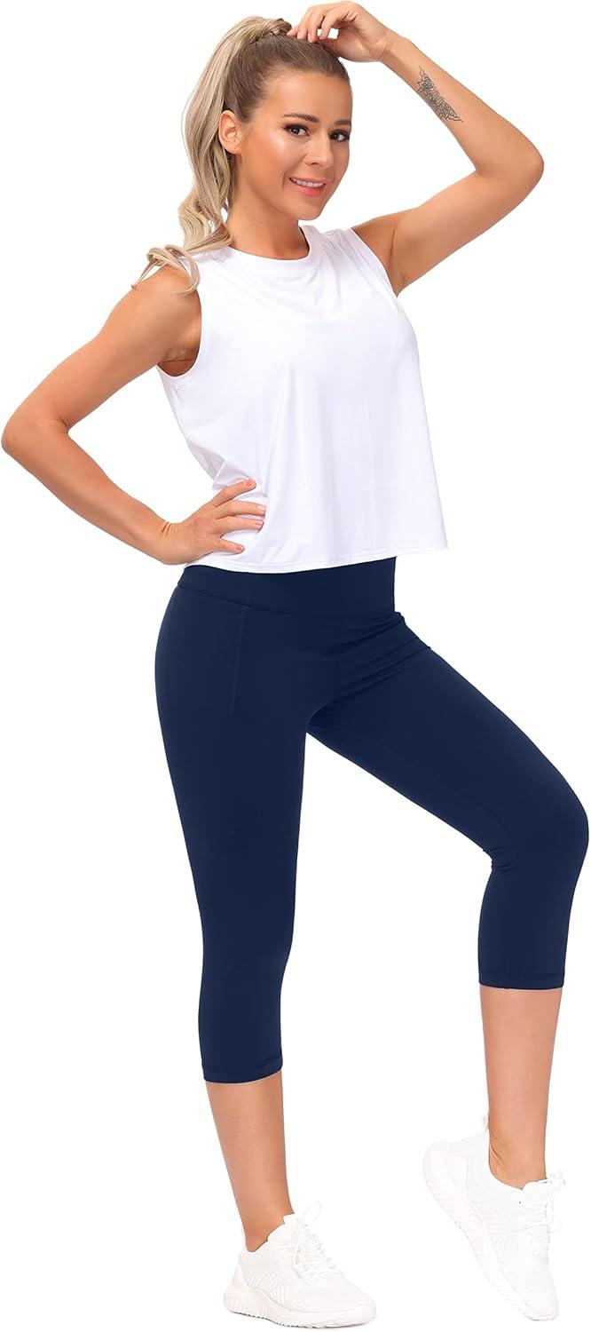 imageTHE GYM PEOPLE Tummy Control Workout Capris Leggings with Pockets High Waist Athletic Yoga Pants for Women Running HikingNavy Blue