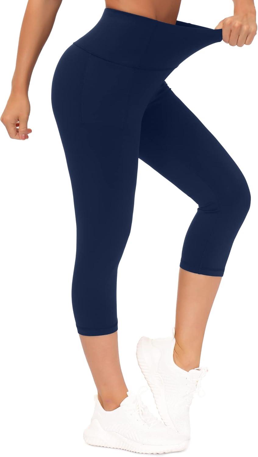 imageTHE GYM PEOPLE Tummy Control Workout Capris Leggings with Pockets High Waist Athletic Yoga Pants for Women Running HikingNavy Blue