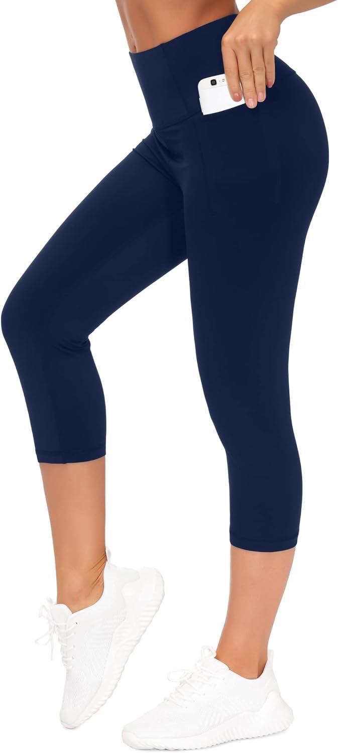 imageTHE GYM PEOPLE Tummy Control Workout Capris Leggings with Pockets High Waist Athletic Yoga Pants for Women Running HikingNavy Blue