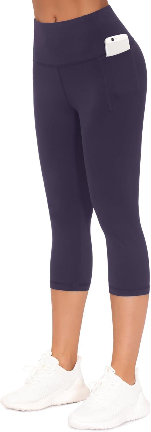 imageTHE GYM PEOPLE Tummy Control Workout Capris Leggings with Pockets High Waist Athletic Yoga Pants for Women Running HikingPurple