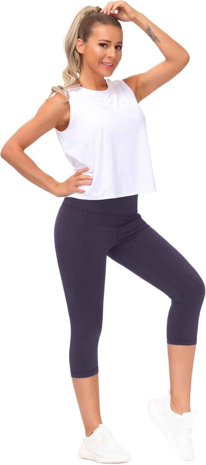 imageTHE GYM PEOPLE Tummy Control Workout Capris Leggings with Pockets High Waist Athletic Yoga Pants for Women Running HikingPurple