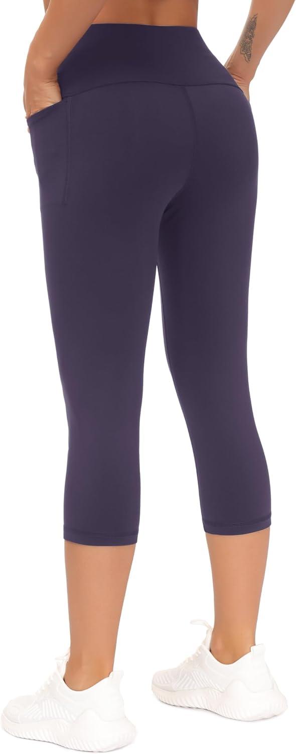 imageTHE GYM PEOPLE Tummy Control Workout Capris Leggings with Pockets High Waist Athletic Yoga Pants for Women Running HikingPurple