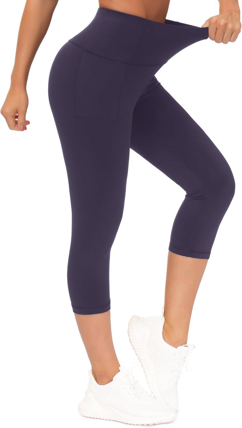 imageTHE GYM PEOPLE Tummy Control Workout Capris Leggings with Pockets High Waist Athletic Yoga Pants for Women Running HikingPurple
