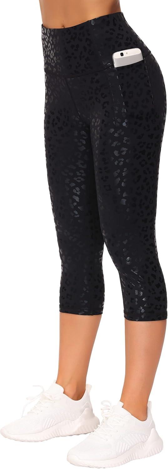 imageTHE GYM PEOPLE Tummy Control Workout Capris Leggings with Pockets High Waist Athletic Yoga Pants for Women Running HikingSilverBlack