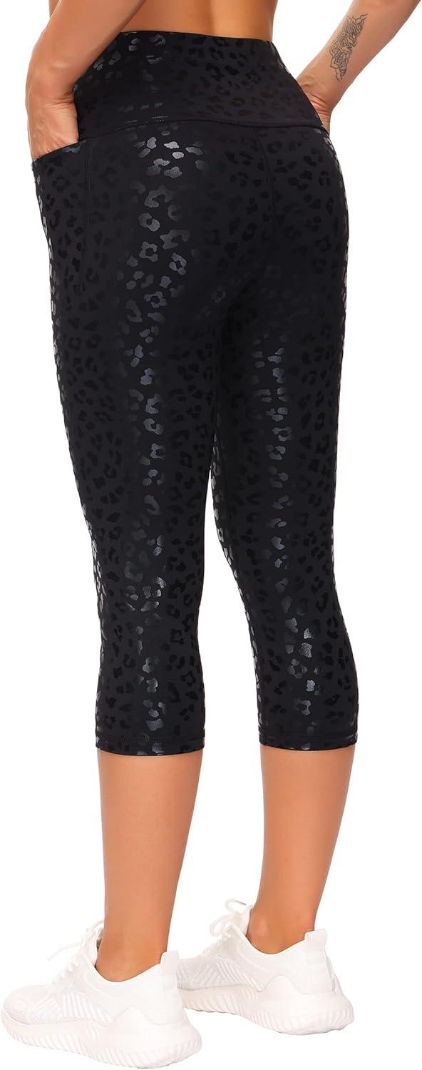 imageTHE GYM PEOPLE Tummy Control Workout Capris Leggings with Pockets High Waist Athletic Yoga Pants for Women Running HikingSilverBlack