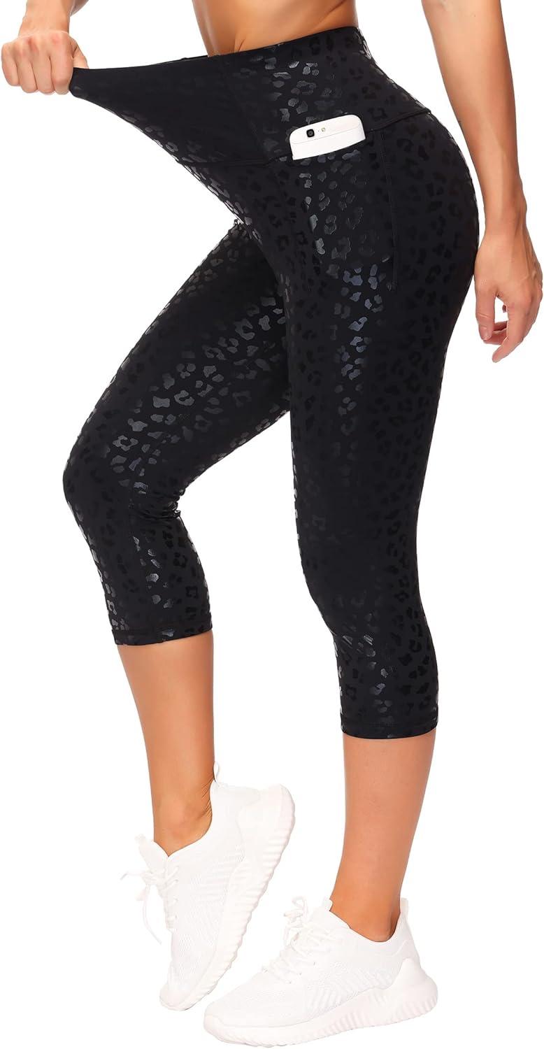 imageTHE GYM PEOPLE Tummy Control Workout Capris Leggings with Pockets High Waist Athletic Yoga Pants for Women Running HikingSilverBlack