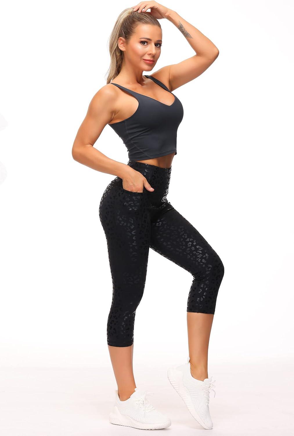 imageTHE GYM PEOPLE Tummy Control Workout Capris Leggings with Pockets High Waist Athletic Yoga Pants for Women Running HikingSilverBlack