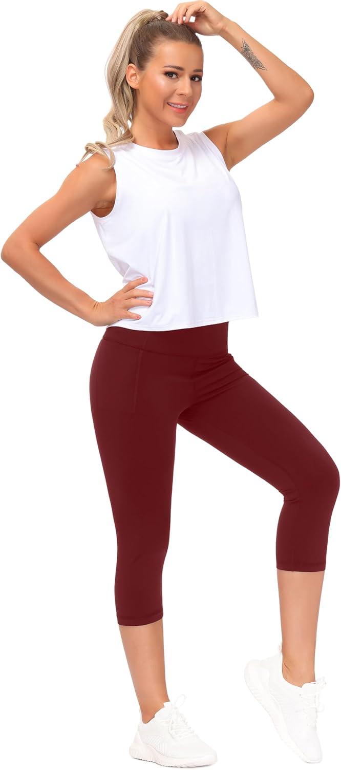 imageTHE GYM PEOPLE Tummy Control Workout Capris Leggings with Pockets High Waist Athletic Yoga Pants for Women Running HikingWine Red