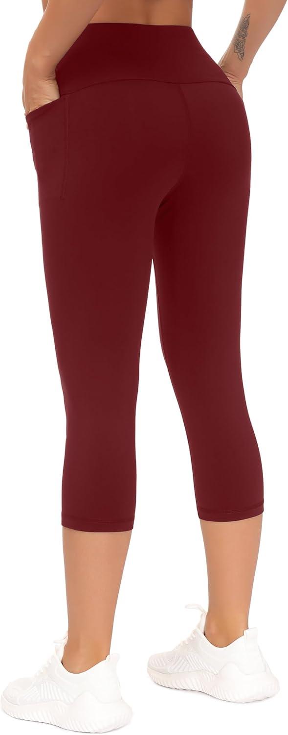 imageTHE GYM PEOPLE Tummy Control Workout Capris Leggings with Pockets High Waist Athletic Yoga Pants for Women Running HikingWine Red