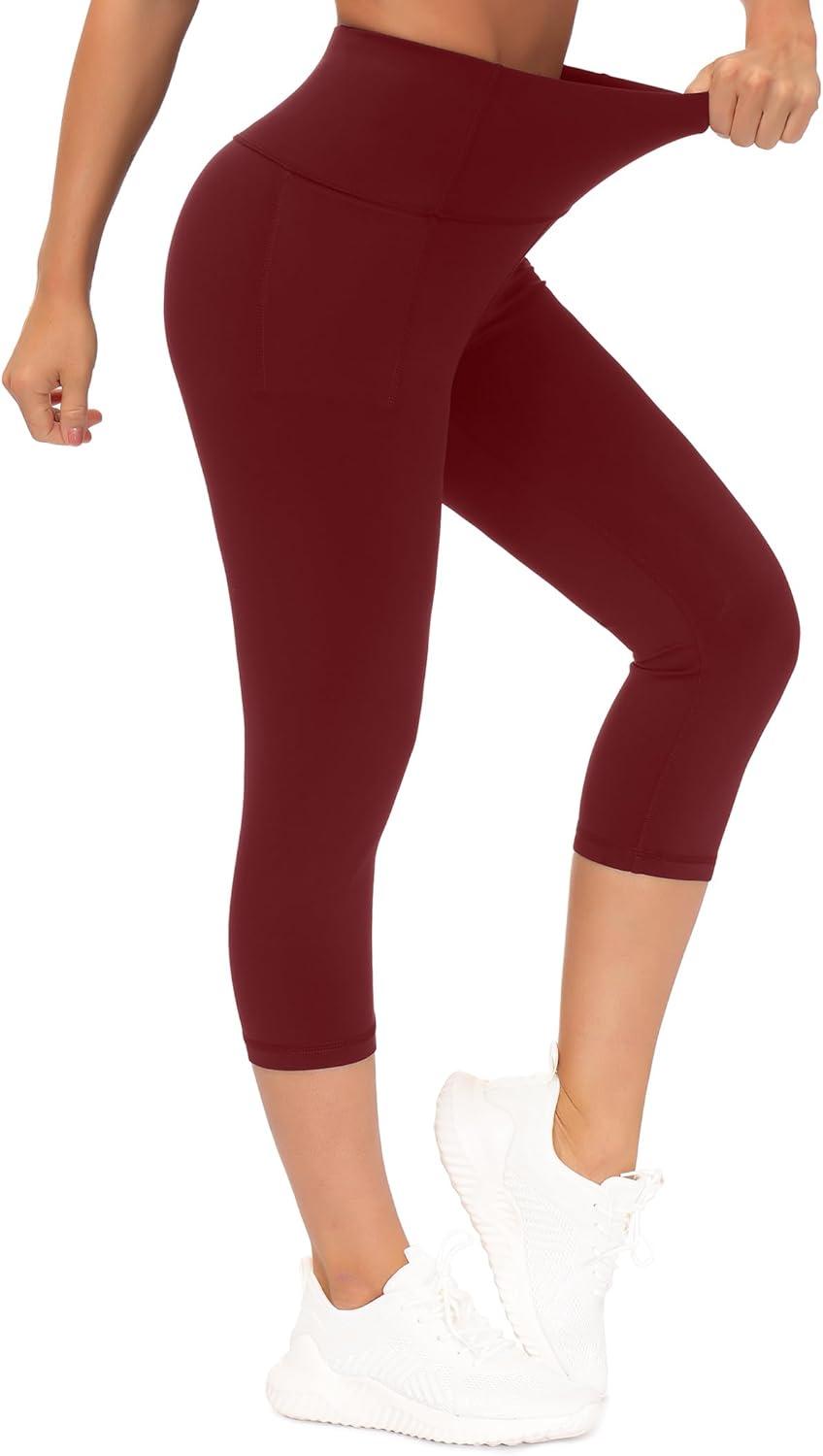 imageTHE GYM PEOPLE Tummy Control Workout Capris Leggings with Pockets High Waist Athletic Yoga Pants for Women Running HikingWine Red