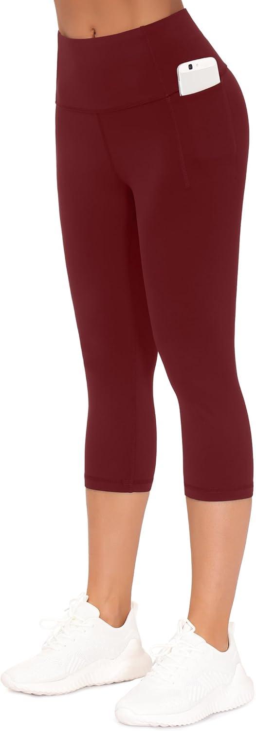 imageTHE GYM PEOPLE Tummy Control Workout Capris Leggings with Pockets High Waist Athletic Yoga Pants for Women Running HikingWine Red