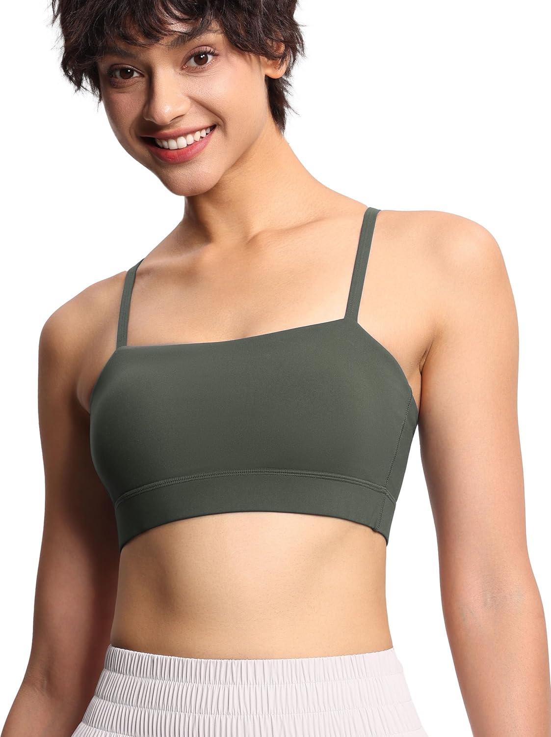 imageTHE GYM PEOPLE Womens Adjustable Spaghetti Strap Sports Bras Wirefree Workout Tops with Removable PaddedBean Brown