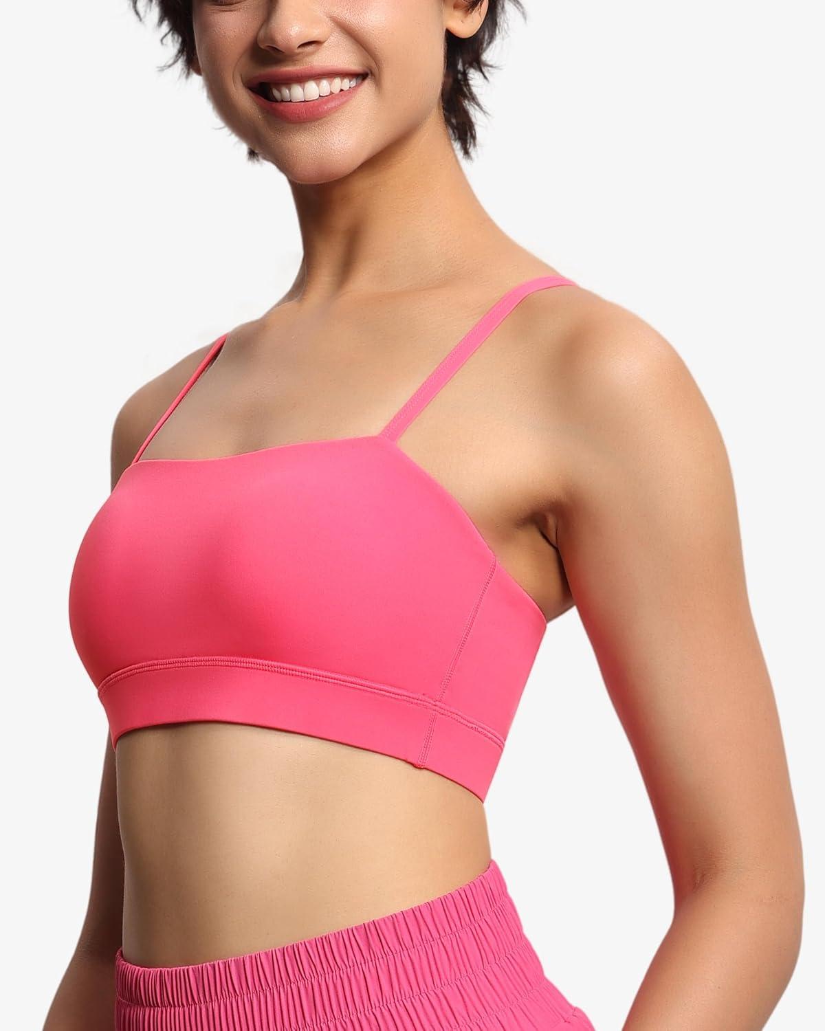 imageTHE GYM PEOPLE Womens Adjustable Spaghetti Strap Sports Bras Wirefree Workout Tops with Removable PaddedBright Pink