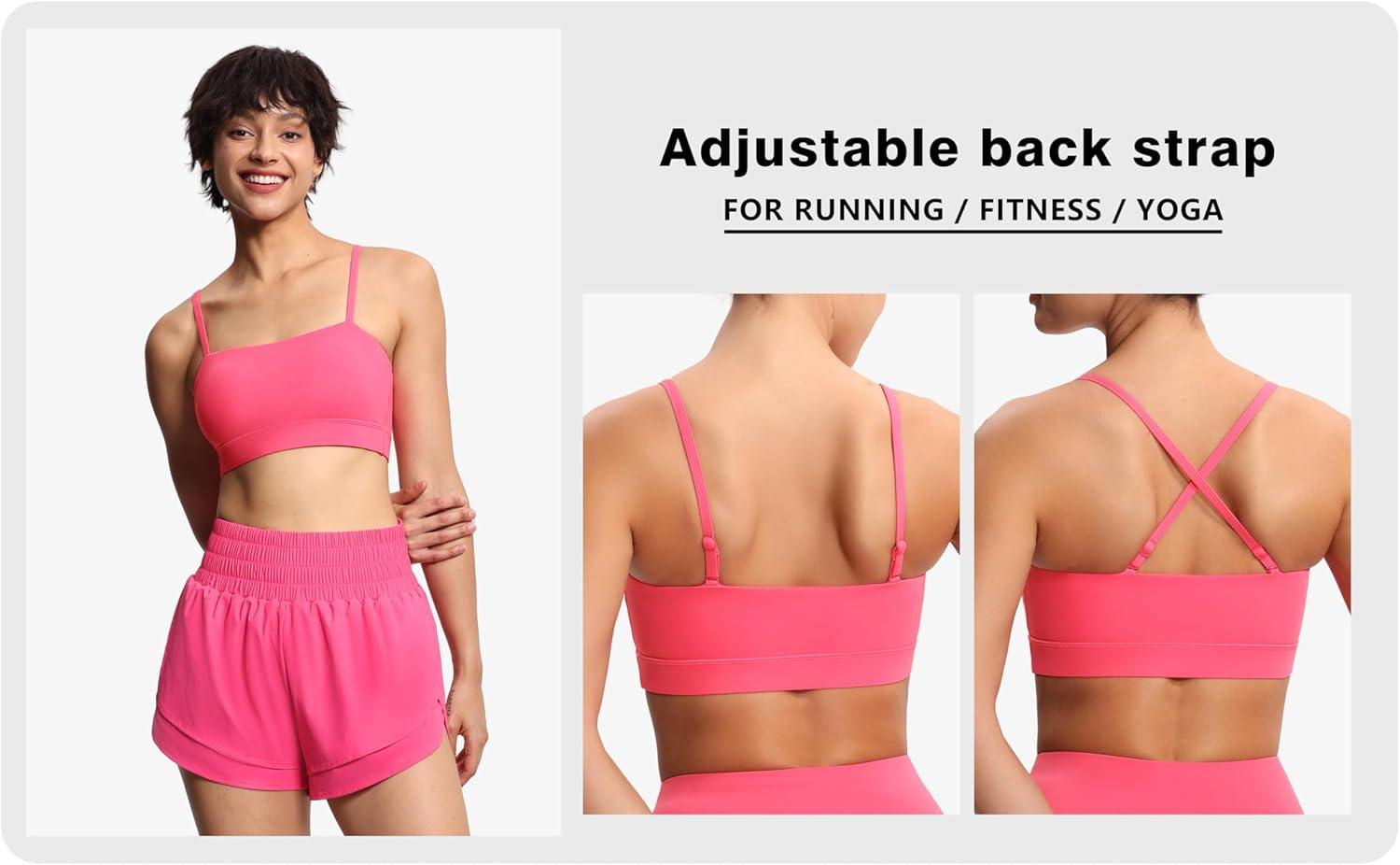 imageTHE GYM PEOPLE Womens Adjustable Spaghetti Strap Sports Bras Wirefree Workout Tops with Removable PaddedBright Pink