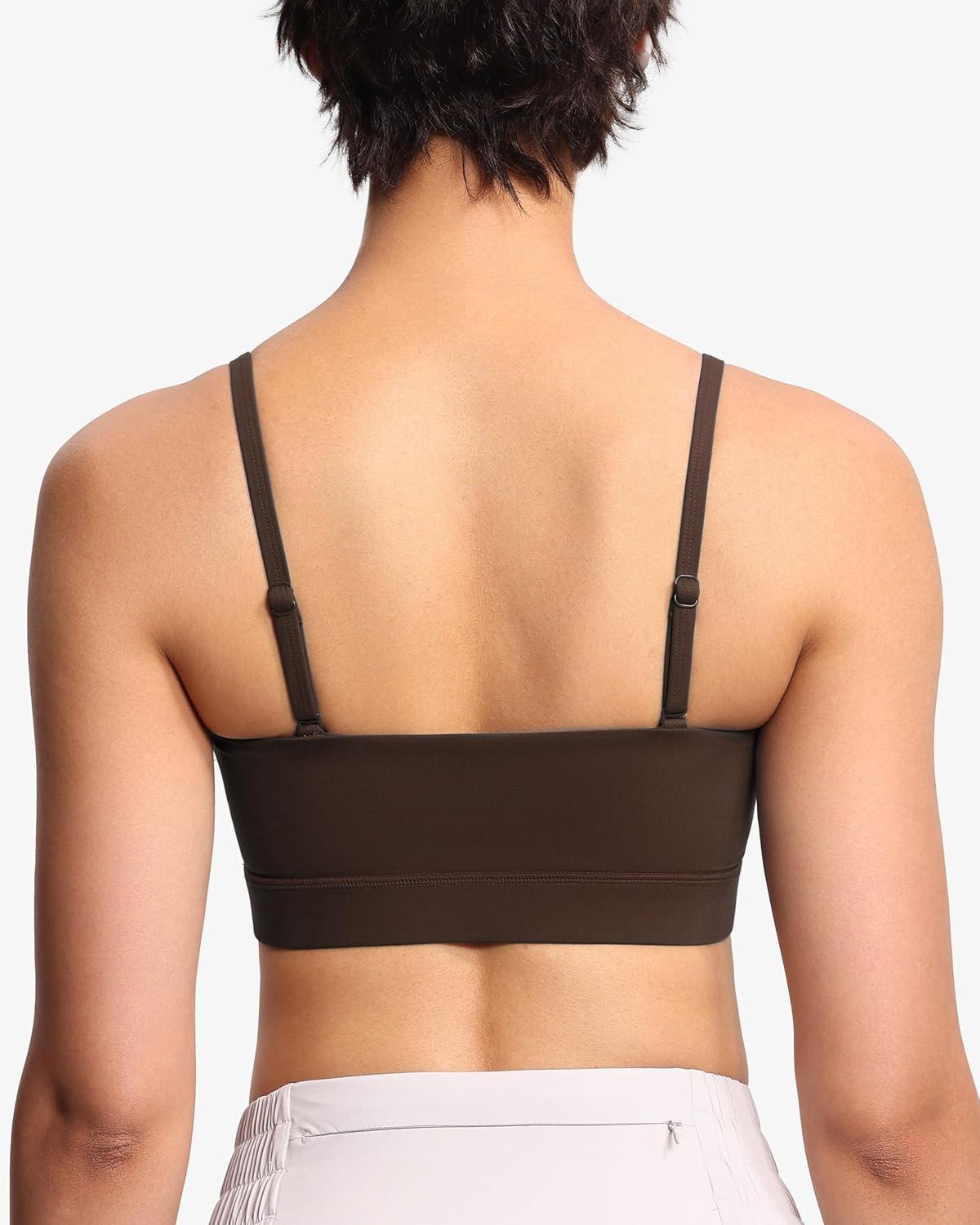 imageTHE GYM PEOPLE Womens Adjustable Spaghetti Strap Sports Bras Wirefree Workout Tops with Removable PaddedBrown