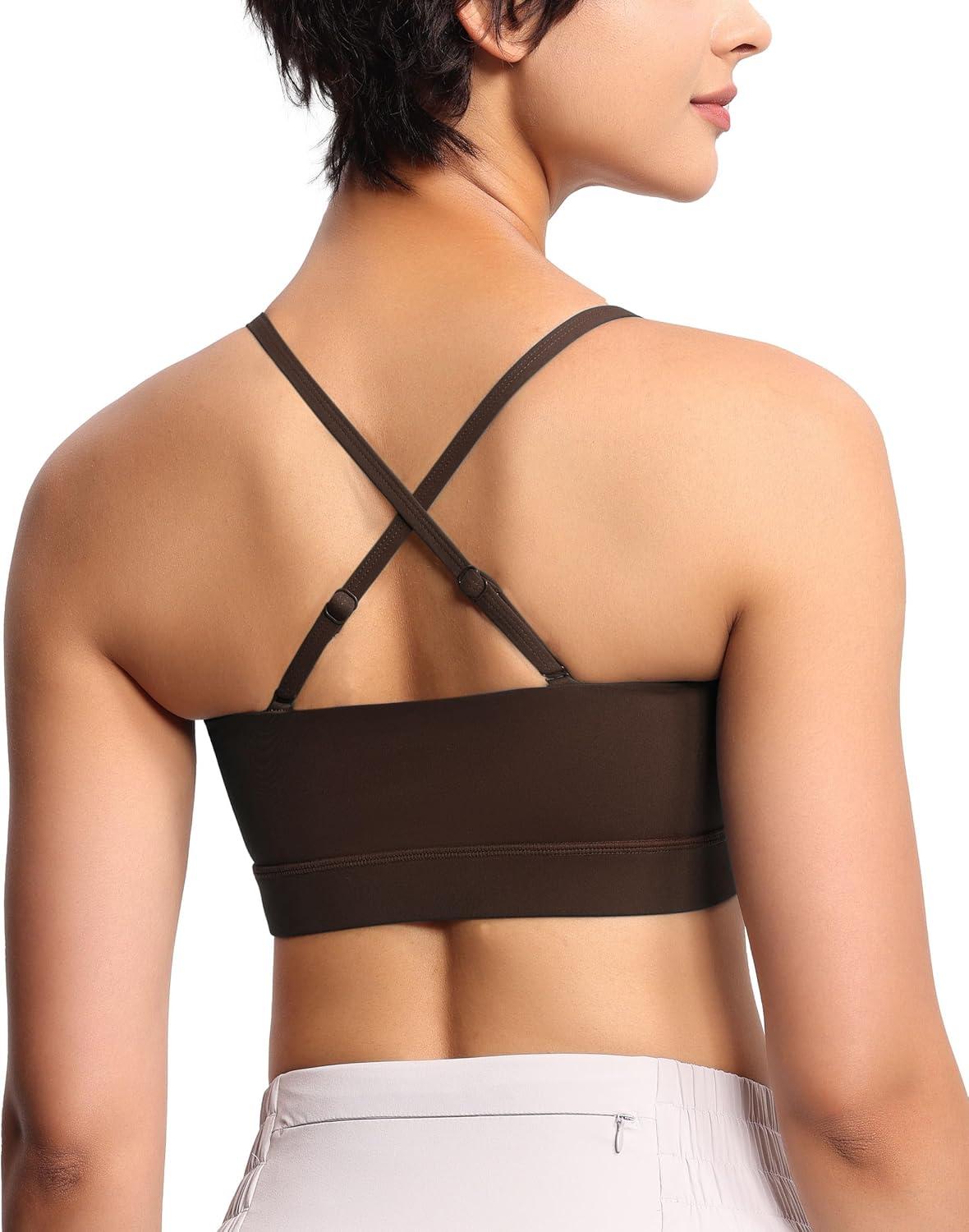 imageTHE GYM PEOPLE Womens Adjustable Spaghetti Strap Sports Bras Wirefree Workout Tops with Removable PaddedBrown