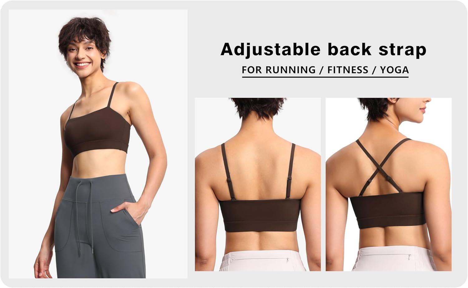 imageTHE GYM PEOPLE Womens Adjustable Spaghetti Strap Sports Bras Wirefree Workout Tops with Removable PaddedBrown