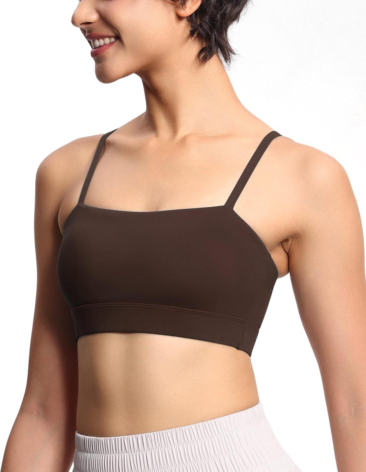 imageTHE GYM PEOPLE Womens Adjustable Spaghetti Strap Sports Bras Wirefree Workout Tops with Removable PaddedBrown