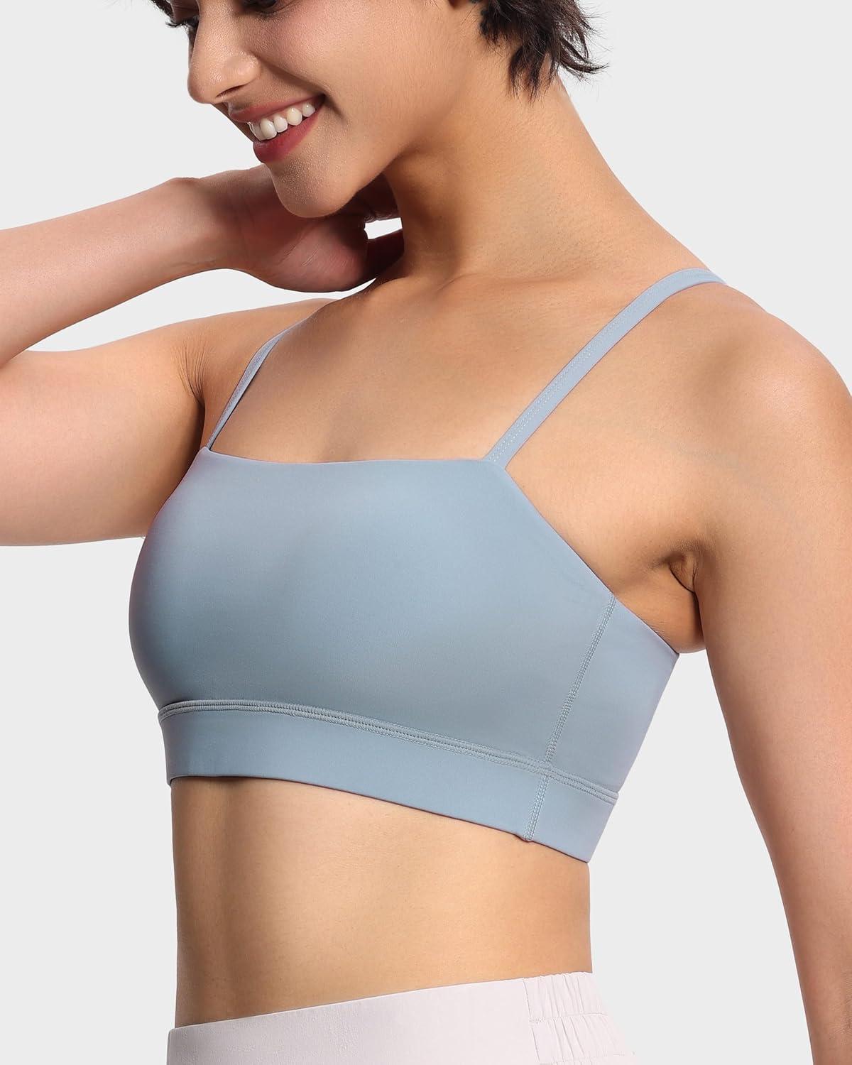 imageTHE GYM PEOPLE Womens Adjustable Spaghetti Strap Sports Bras Wirefree Workout Tops with Removable PaddedDenim Blue